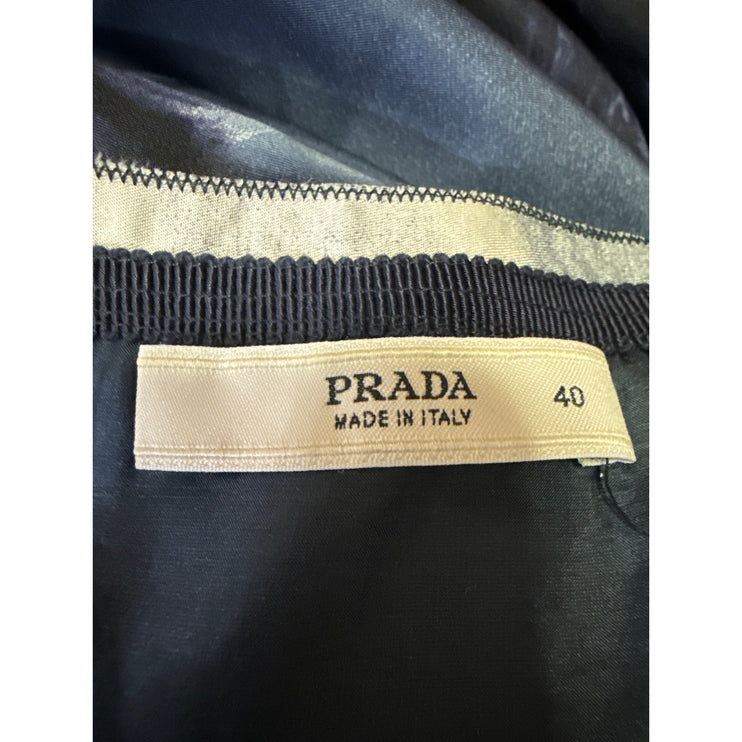 Prada 100% Silk Satin Blue Floral Pleated Knee Length A-Line Wrap Skirt 40 US 4