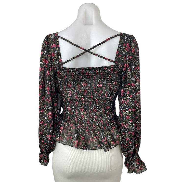 Code X Mode Women's Black Floral Smocked Square Neck Long Sleeve Blouse Top S