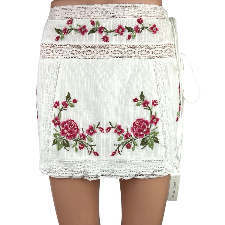 New For Love & Lemons White Floral Embroidered Lace Tie Straight Mini Skirt XS