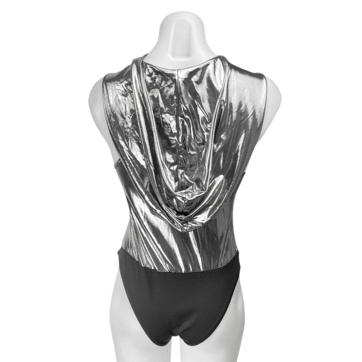 Women's Silver Gray Metallic Sleeveless Hooded Hoodie Bodysuit Tank Top Size S