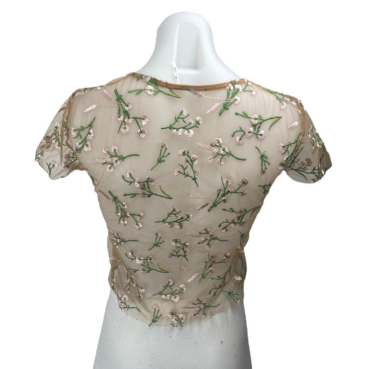 Urban Outfitters Kimchi Brown Mesh Floral Embroidered Sheer Crop Blouse Top XS