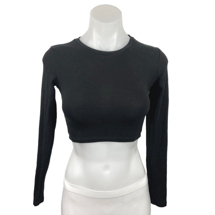 Zara Black Cotton Crew Neck Pullover Stretch Long Sleeve Crop Top Size S