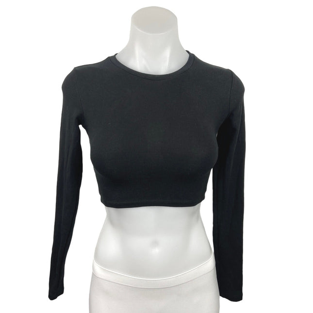 Zara Black Cotton Crew Neck Pullover Stretch Long Sleeve Crop Top