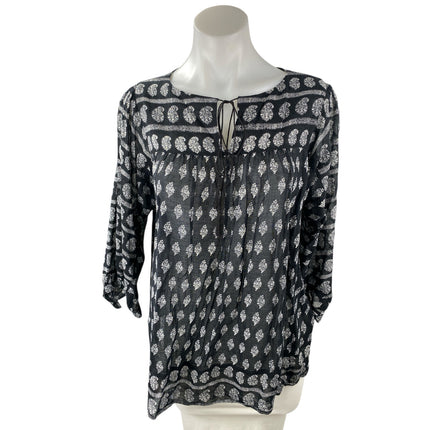 Madewell Moroccan Paisley Black 3/4 Sleeve Bohemian Tunic Peasant Blouse Top XS