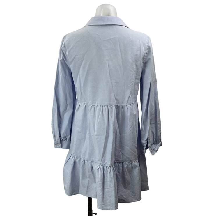 Zara Mini Oxford Womens Light Blue Long Sleeves Tiered Collared Shirt Dress Sz S