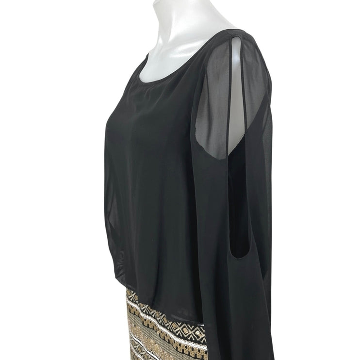 Aidan Mattox Black Sequin Metallic Long Sleeve Cold Shoulder Mini Pencil Dress 8