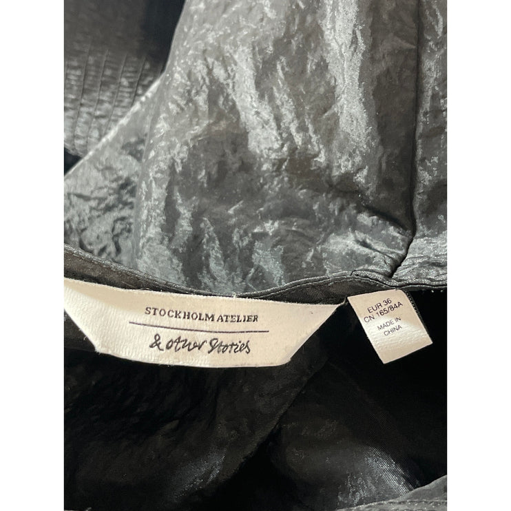 & Other Stories Women's Black Voluminous Puff Sleeve Smocked Crop Blouse Top 36