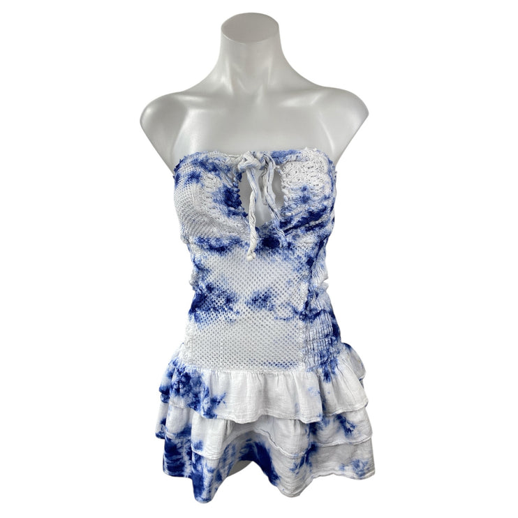 Cotton Natural Blue Tie Dye Smocked Strapless Ruffle Tiered Mini Dress Size S