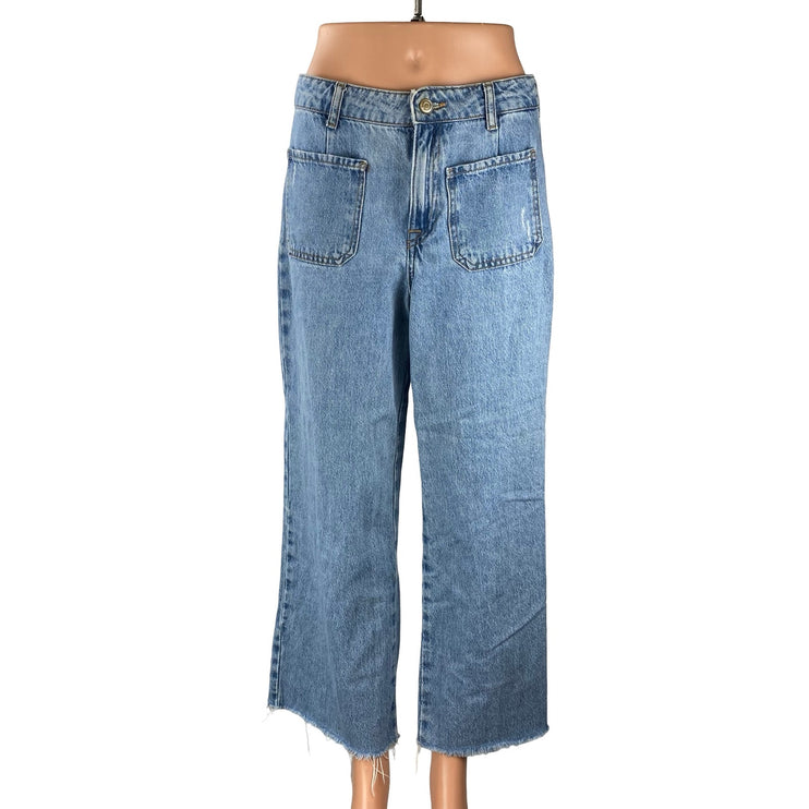 Zara Women's Blue Raw Frayed Hem High Rise Wide Leg Bootcut Denim Jeans Pants 6