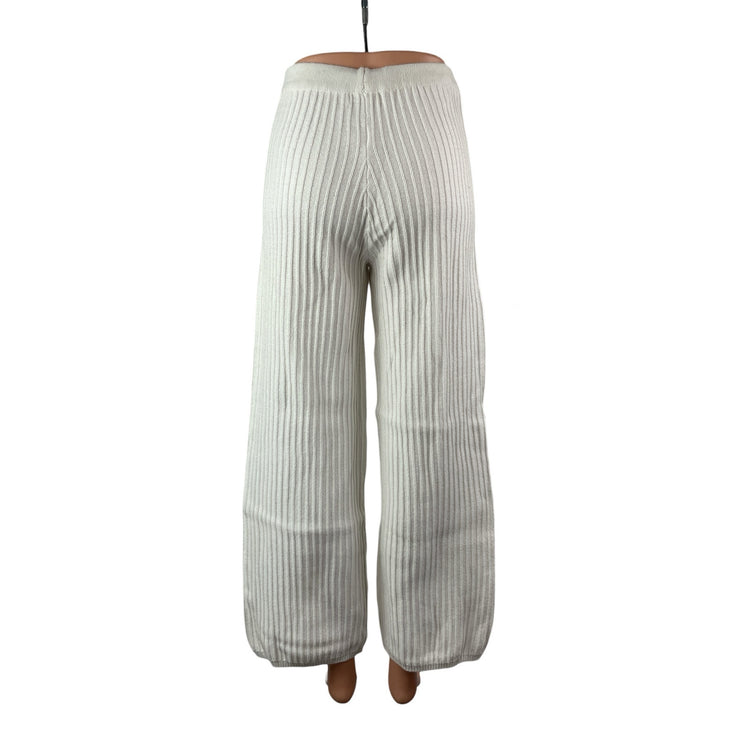 Glassons Women's White Ribbed Knit High Rise Wide Leg Trousers Pants Size XS