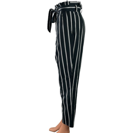 H&M Women's Black White Striped Tie Waist Belt Paperbag Trousers Pants Size 4