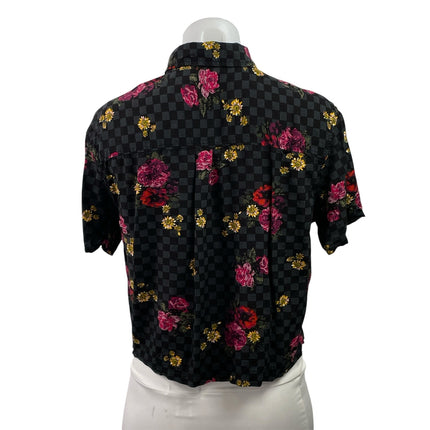 Vans Black Check Gingham Floral Short Sleeve Cropped Button Down Shirt Top Sz M