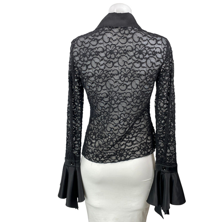 Sava Black Long Bell Sleeve Mesh Sheer Ruffle Floral Button Up Blouse Top Size M
