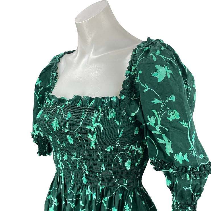 Hill House Nesli Green Botanical Smocked Tiered Midi Nap Flare A-Line Dress XXS