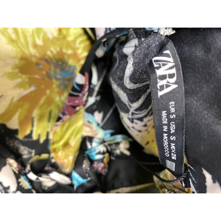 Zara Multicolor Floral Silk Mandarin Collar Tie Shoulder 3/4 Sleeve Blouse Top S