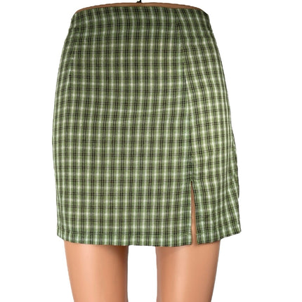 Princess Polly Green Plaid Checkered Slit Zipper Mini Straight Pencil Skirt Sz 2