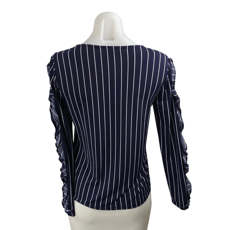 Banana Republic Women's Navy Blue Striped Ruffle Long Sleeve Blouse Top Size XS