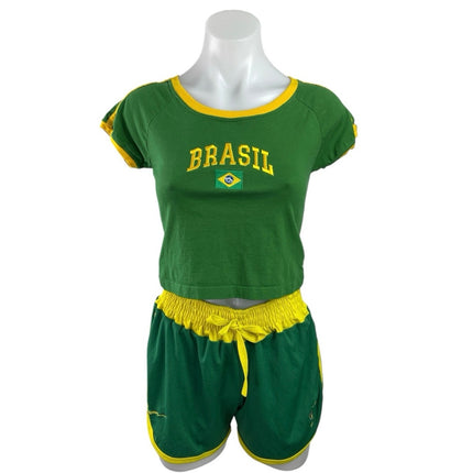 Pierim Women's Green Brazil Flag Short Sleeve Crop Tee Shorts 2 Piece Set Size S