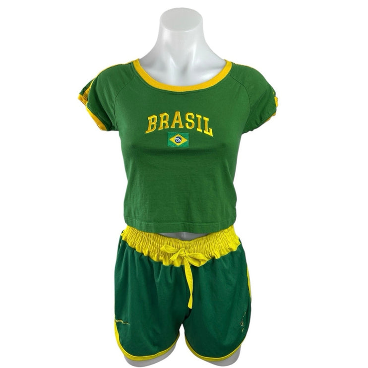 Pierim Women's Green Brazil Flag Short Sleeve Crop Tee Shorts 2 Piece Set Size S