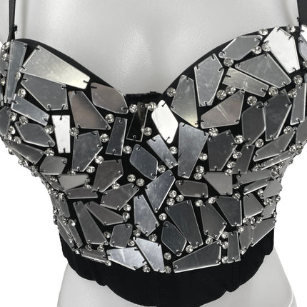 Women's Black Mirror Rhinestone Crystal Sleeveless Cami Camisole Crop Tank Top S