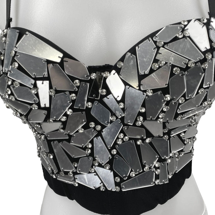 Women's Black Mirror Rhinestone Crystal Sleeveless Cami Camisole Crop Tank Top S