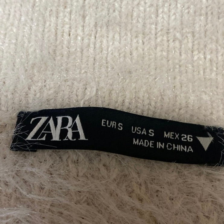 Zara Beige Short Sleeve Faux Fur V Neck Collared Polo Crop Sweater Top Size S