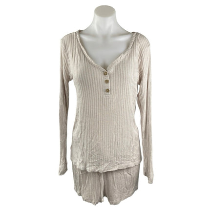 LOFT Women's Beige Rib Knit V-Neck Henley Sleepwear Lounge Pajama Set Size M