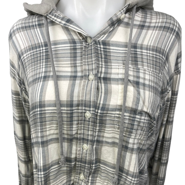 American Eagle Gray Plaid Cozy Cabin Flannel Crop Hoodie Hooded Shirt Top Size S