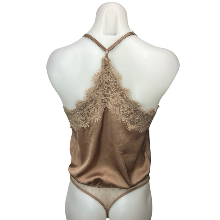 Abercrombie & Fitch Brown Tan Silk Satin Lace Cami Camisole Bodysuit Top Size S