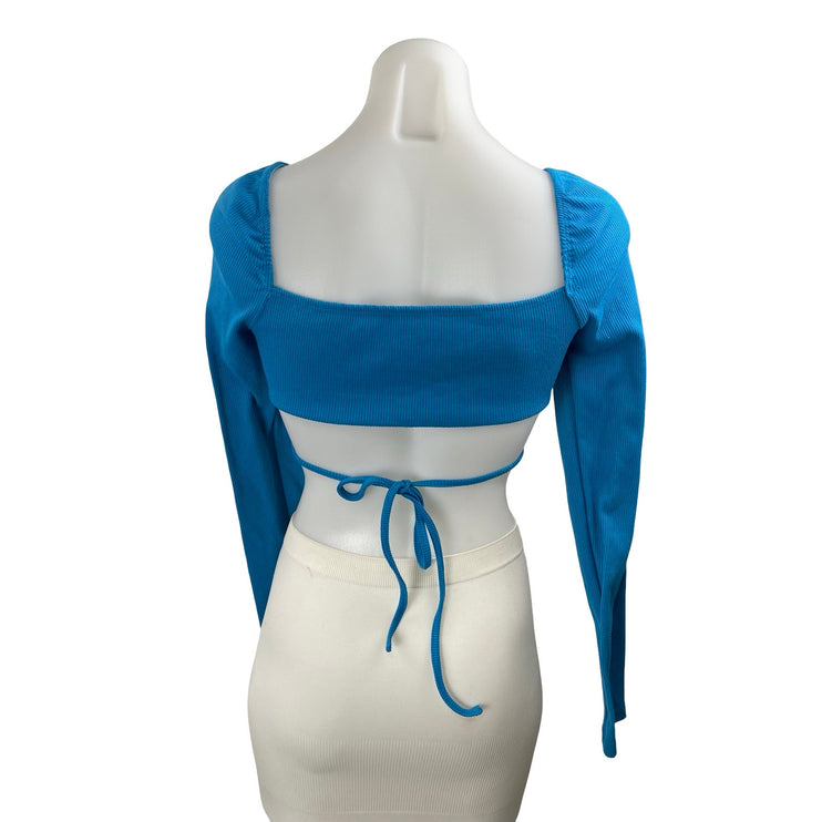 Princess Polly Blue Long Sleeve Cutout Keyhole Tie Ribbed Knit Crop Top Size 4