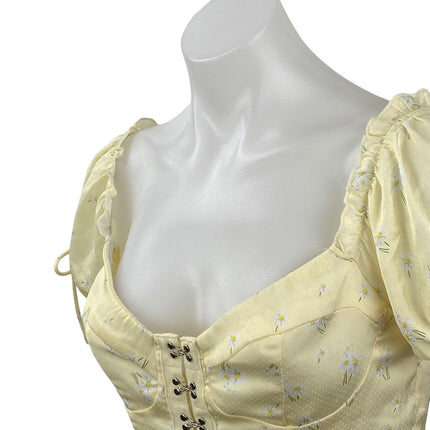 Princess Polly Yellow Short Puff Sleeve Floral Corset Bustier Crop Top Size 8