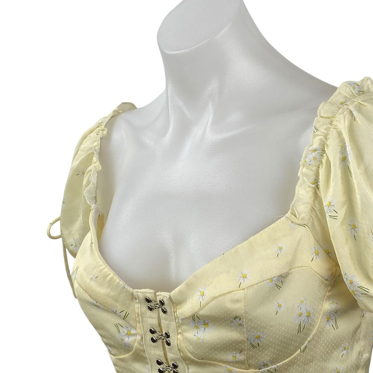 Princess Polly Yellow Short Puff Sleeve Floral Corset Bustier Crop Top Size 8