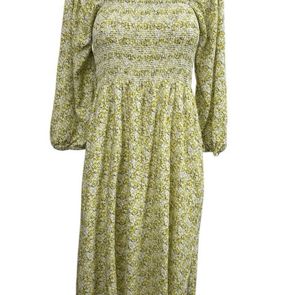 WAYF Nevaeh Yellow Ditsy Floral Smocked Long Sleeve Midi Flare A-Line Dress Sz S