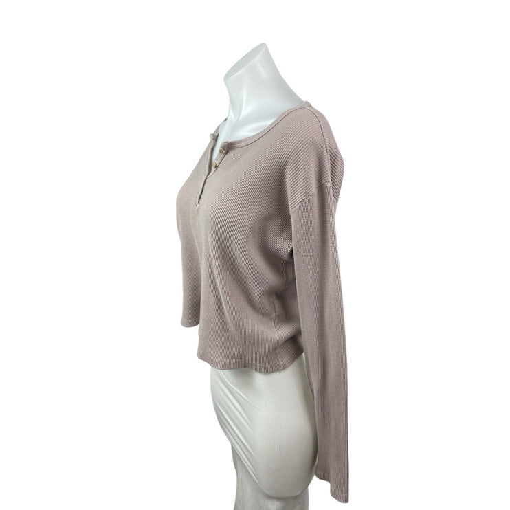 Brandy Melville Beige Taupe Waffle Knit Long Sleeve Henley Thermal Crop Top S/M