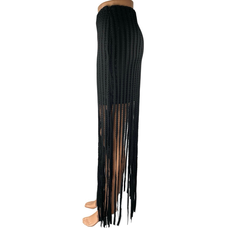 Ft Inc Black Ribbed Knit Fringe Trim Boho Maxi Straight Pencil A-Line Skirt Sz M
