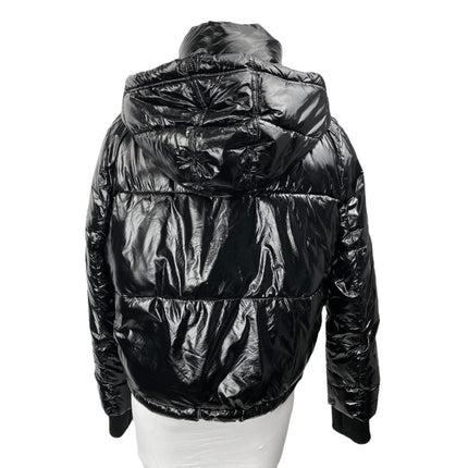 Gap Fit Women's Black Full Zip Snap Button Hoodie Hooded Crop Puffer Jacket Sz M