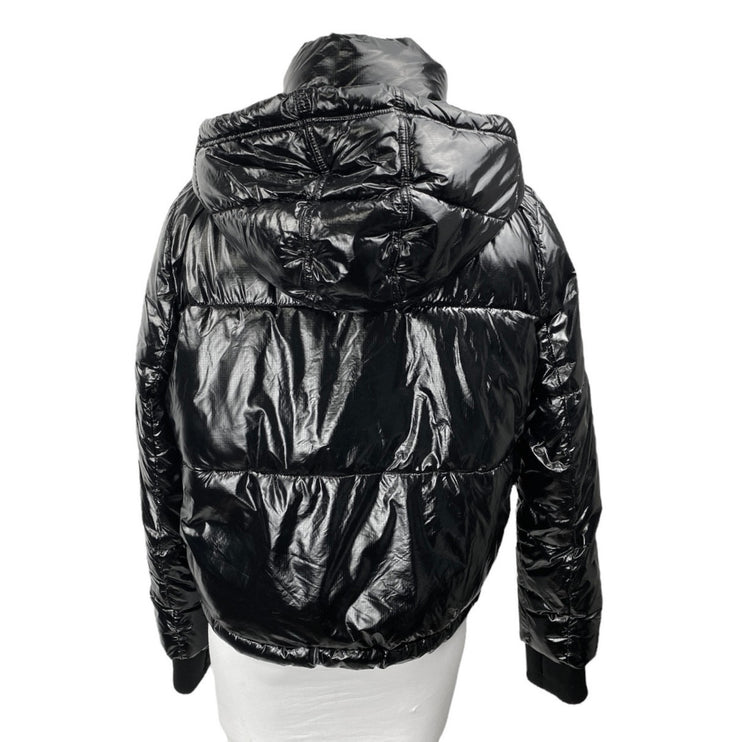 Gap Fit Women's Black Full Zip Snap Button Hoodie Hooded Crop Puffer Jacket Sz M