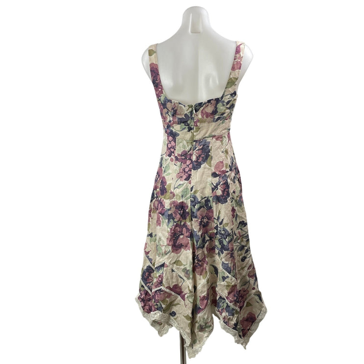 Lauren Ralph Lauren 100% Linen Floral Handkerchief Lace A Line Midi Dress Sz 2