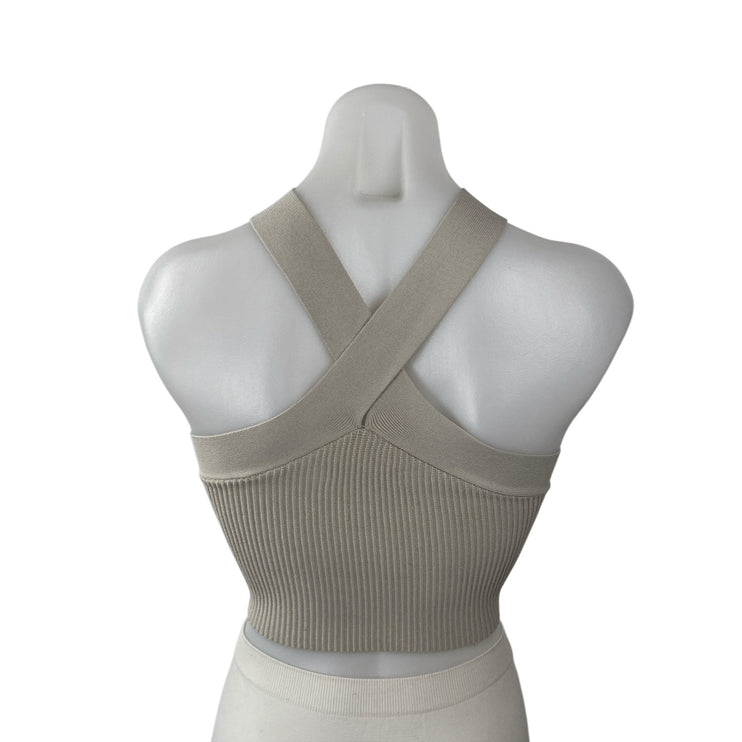 Aritzia Babaton Women's Beige Ribbed Knit Sculpt Sleeveless Crop Top Size XS