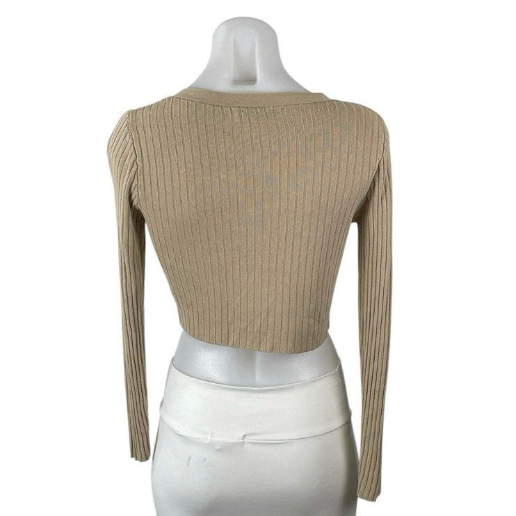 Oak + Fort Tan Ribbed Knit V Neck Long Sleeve Crop Button Up Cardigan Sweater XS
