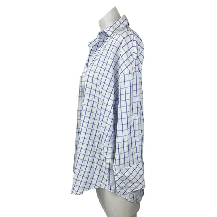 Zara Women's White Blue Checkered Long Sleeve Button Up Oversized Shirt Top XS