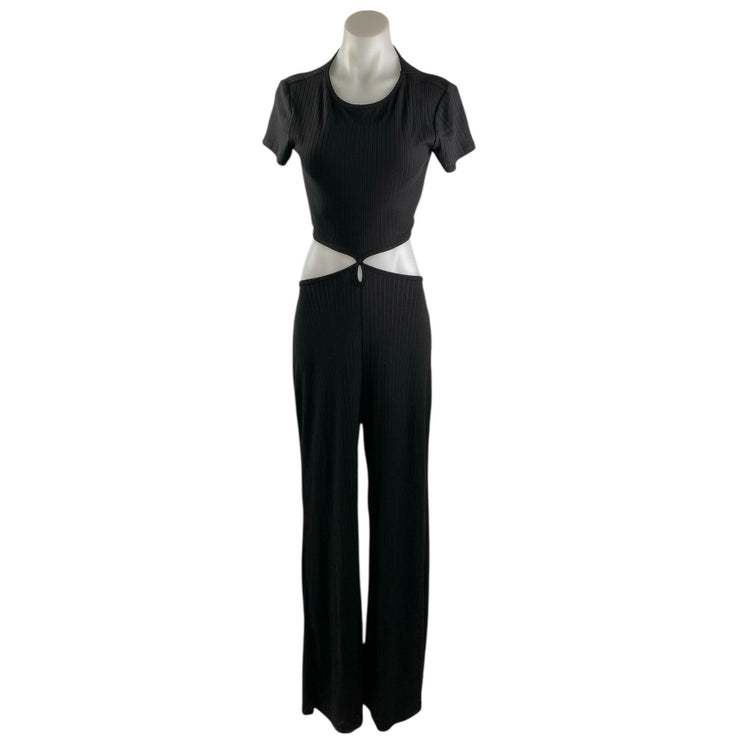 NEW Lulus Women's Black Rib Knit Cutout Open Back Flared Romper Jumpsuit Size M