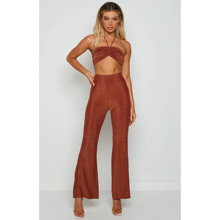 Beginning Boutique Stassie Brown Metallic Glitter Halter Top Flare Pants Set 8