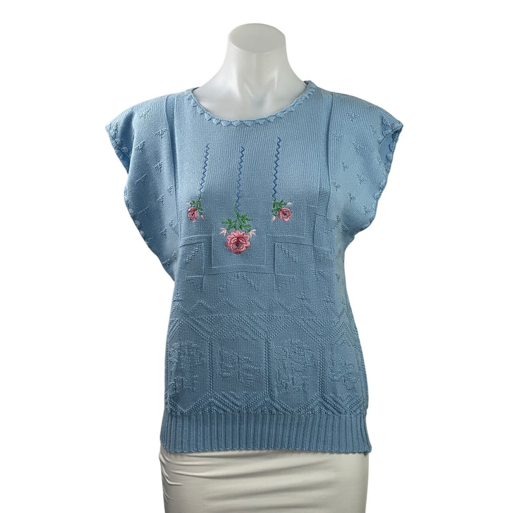 Vintage Women's Blue Short Sleeve Embroidered Floral Textured Sweater Top Size M