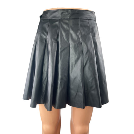 Kendall & Kylie Black Faux Leather Pleated Mini Skater Flared A-Line Skirt Sz S