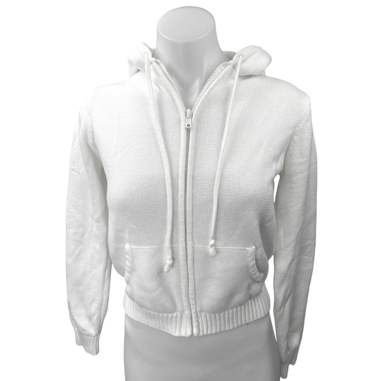 Brandy Melville White Knit Zip Up Drawstring Crop Hoodie Sweater Jacket Size S