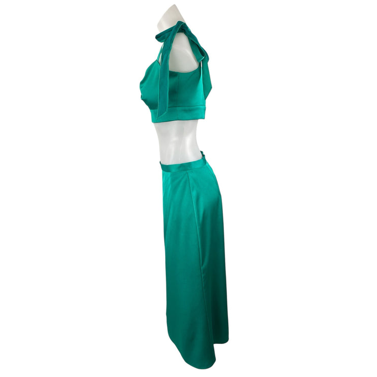 NEW Liv Foster Women's Green Satin Twist Front Crop Top Midi A-Line Skirt Set 6