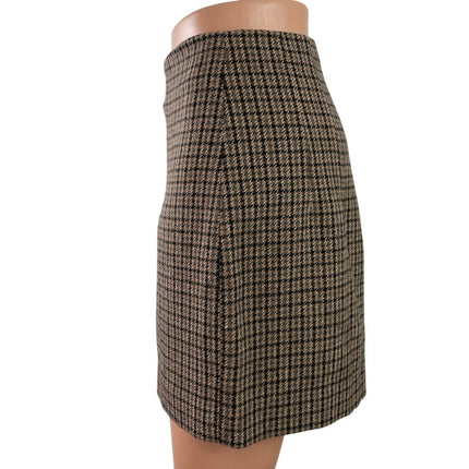 MNG Mango Brown Beige Wool Houndstooth Plaid Pleated Pencil Mini Skirt Size S