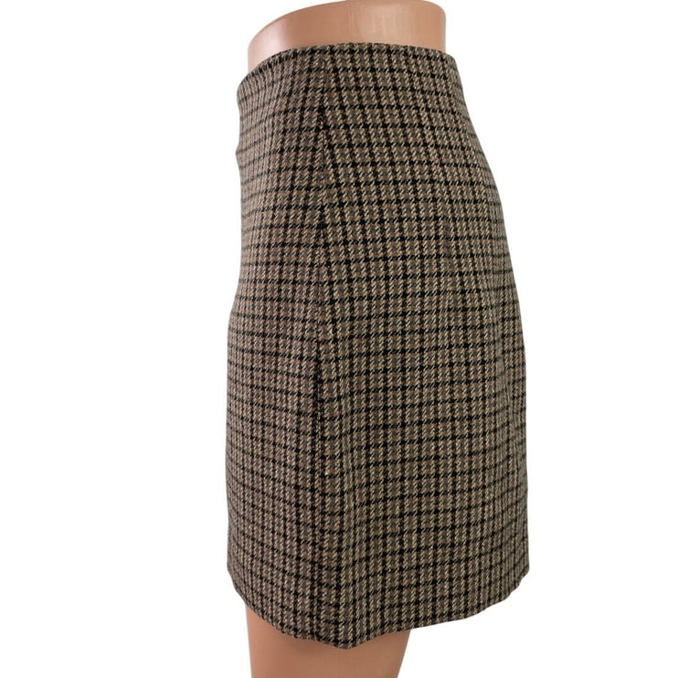 MNG Mango Brown Beige Wool Houndstooth Plaid Pleated Pencil Mini Skirt Size S