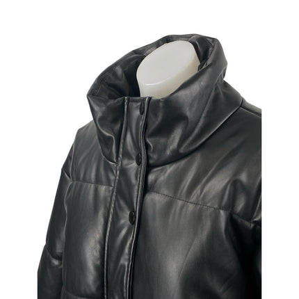 Le Lis Black Faux Vegan Leather Quilted Long Sleeve Crop Puffer Coat Jacket Sz L